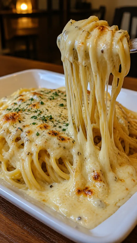 Twirling a fork into a rich portion of Creamy Mozzarella Garlic Butter Linguine showcasing cheese pulls.