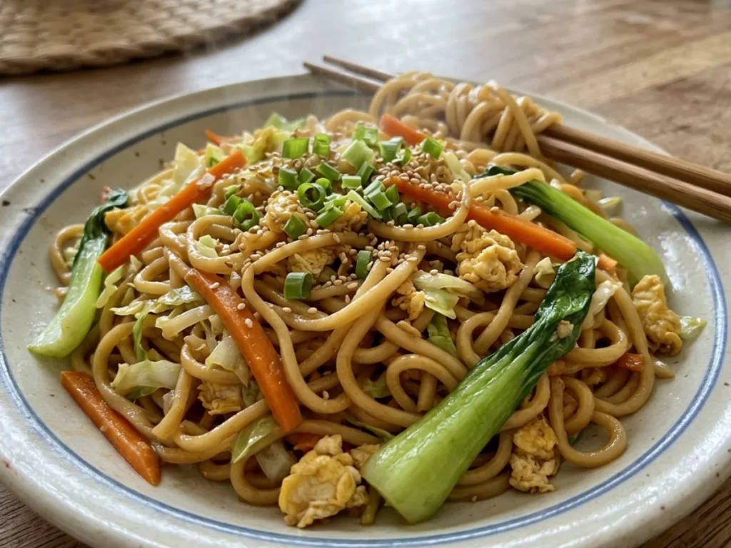 A side-by-side comparison of different noodle types (ramen, udon, egg noodles) with a finished bowl of the fried noodle dish in the background.