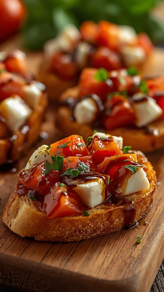 Slices of toasted baguette topped with tomatoes, mozzarella, and balsamic glaze.