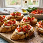 Fresh ingredients for bruschetta including Roma tomatoes, basil, and mozzarella.