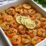 A delicious dish of Baked Lemon Garlic Butter Shrimp in a baking pan.