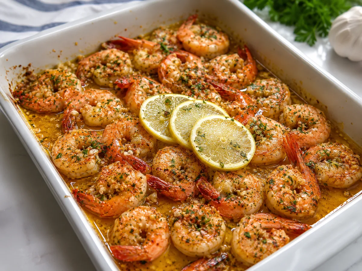 A delicious dish of Baked Lemon Garlic Butter Shrimp in a baking pan.