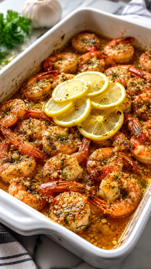 Top view of Baked Lemon Garlic Butter Shrimp with fresh parsley.