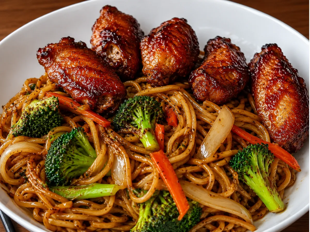 A plate of crispy Chicken Wings with Spicy Stir Fried Noodles.