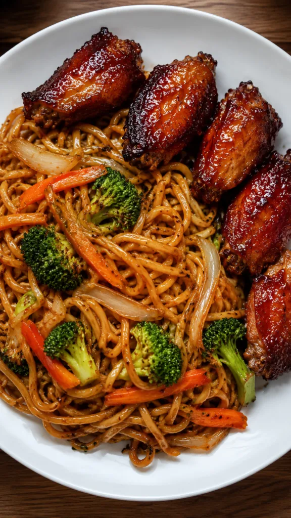 Chicken Wings with Spicy Stir-Fried Noodles:Healthy and quick Chicken Wings with Spicy Stir Fried Noodles.