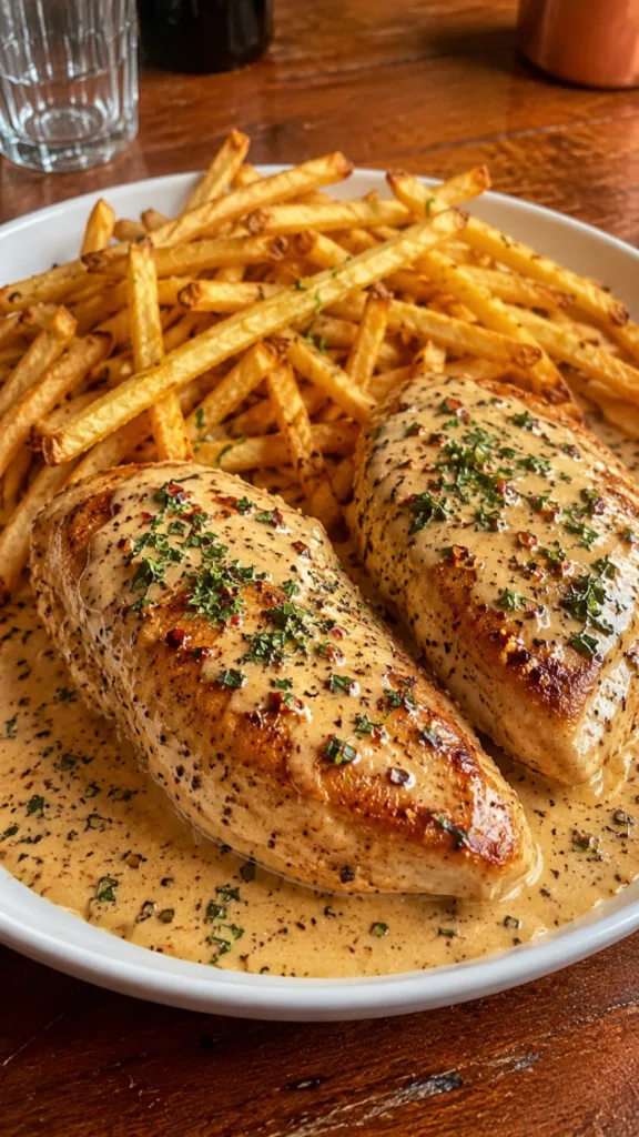 Creamy Pepper Chicken with Crispy Fries on a ceramic plate,