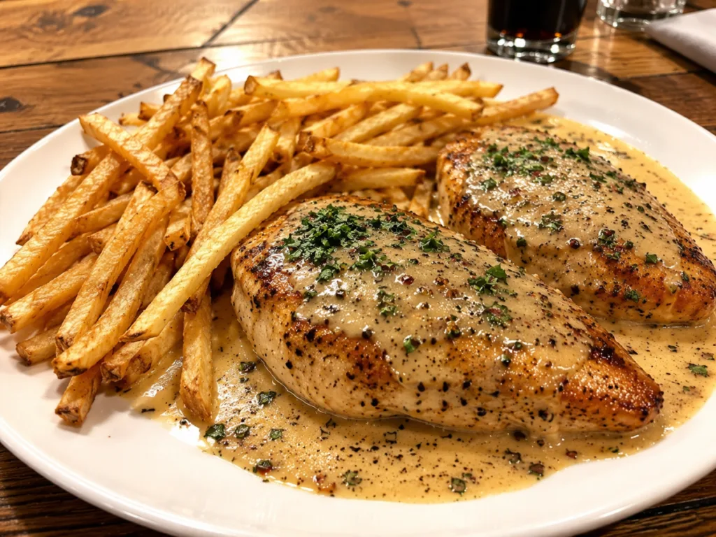 Gourmet creamy pepper chicken with crispy potatoes