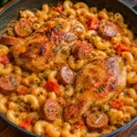 Top view of creamy chicken and sausage pasta with vegetables.
