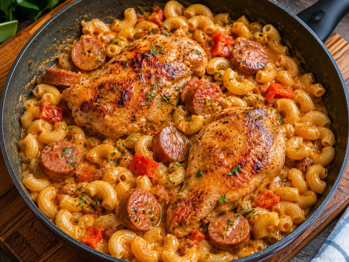 Top view of creamy chicken and sausage pasta with vegetables.