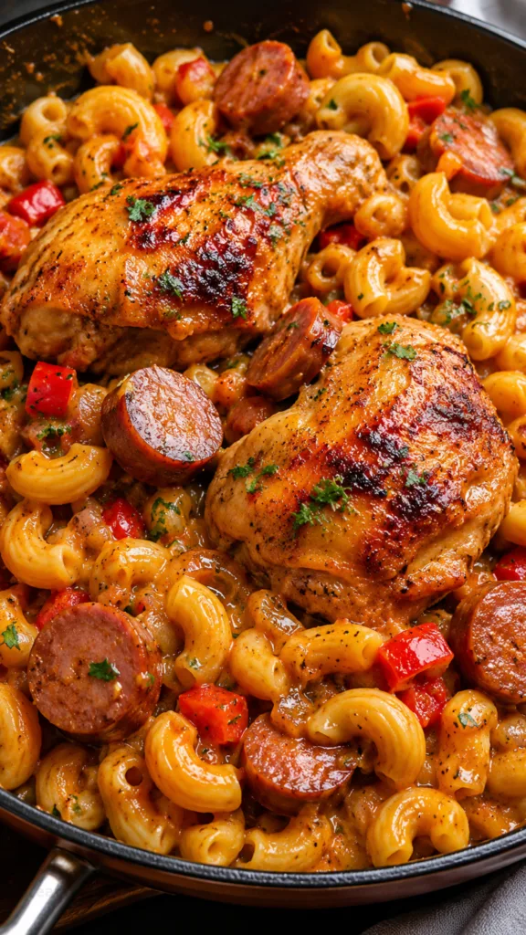 Creamy sausage and chicken pasta in a rich tomato cream sauce on a dark plate.