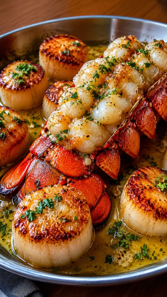 Perfectly seared sea scallops and buttered lobster tails.