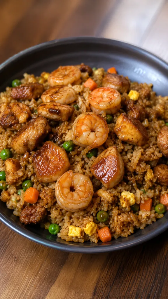 Close-up of Hibachi Chicken & Shrimp Fried Rice in a skillet