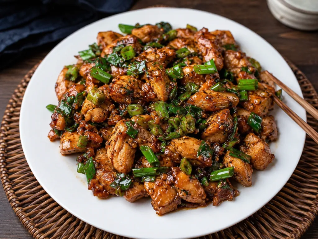 Pan-seared Scallion Chicken served over white rice