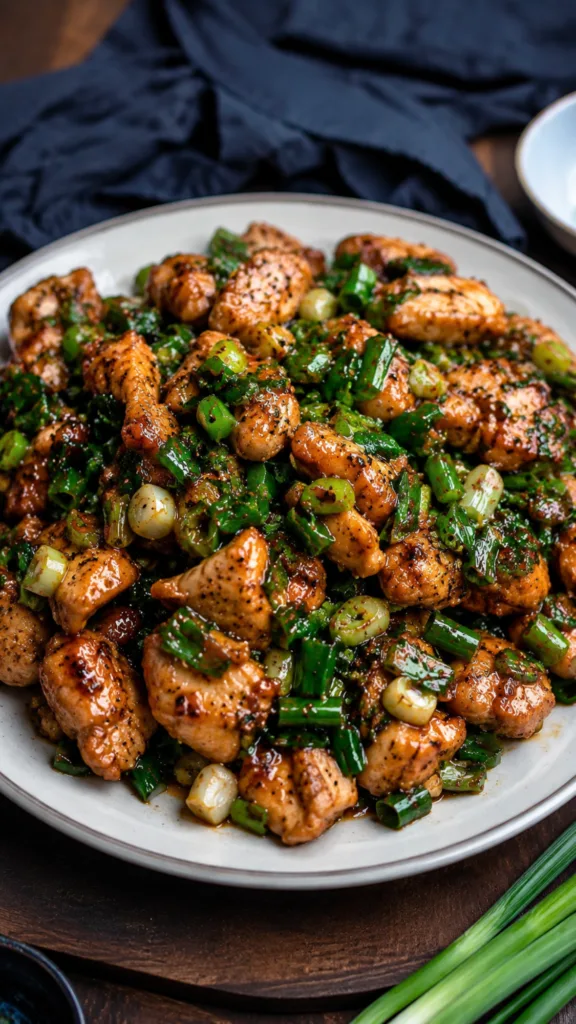 Close-up of juicy Scallion Chicken pieces in a non-stick pan