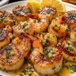 Golden seared scallops and shrimp in lemon garlic butter sauce