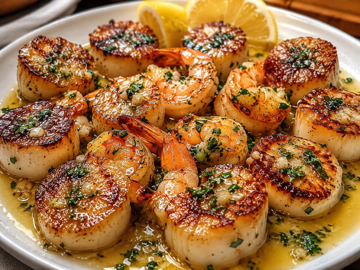 Golden seared scallops and shrimp in lemon garlic butter sauce