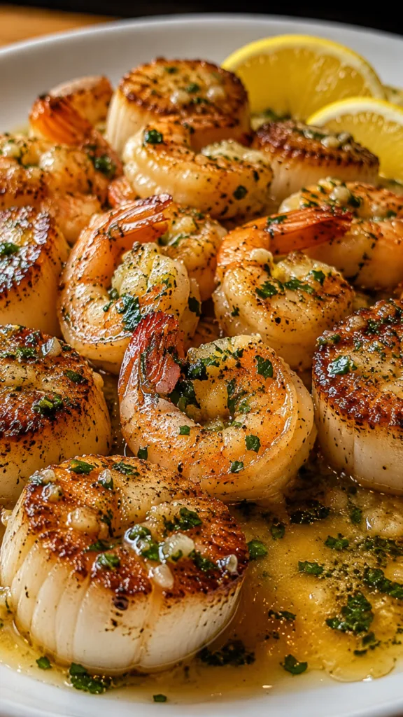 High protein lemon garlic butter seafood dish