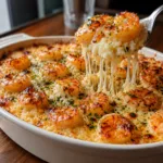 A golden-brown baked casserole featuring succulent shrimp and creamy rice.