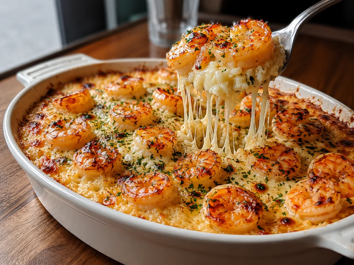 A golden-brown baked casserole featuring succulent shrimp and creamy rice.