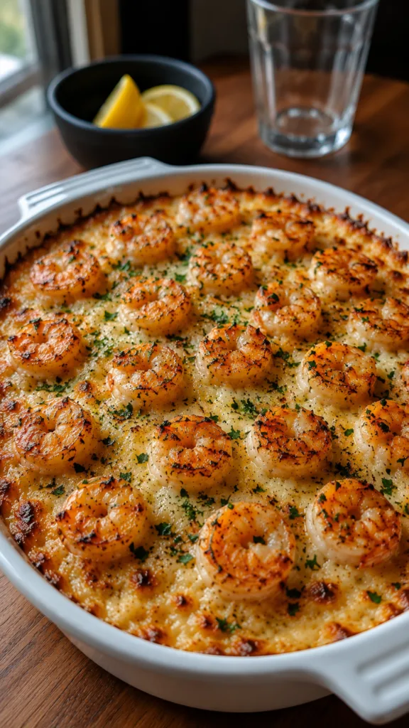 Ultimate Cheesy Garlic Shrimp Rice Bake:The bubbly, golden-brown crust of a cheesy shrimp rice bake.