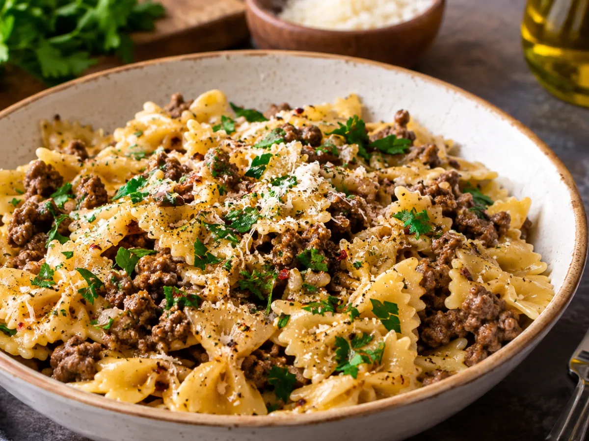 Garlic Butter Bowtie Pasta with Ground Beef 1