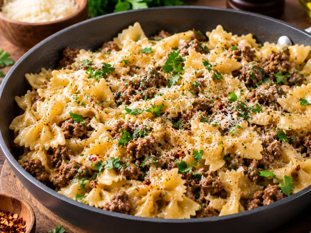 Garlic Butter Bowtie Pasta with Ground Beef 2