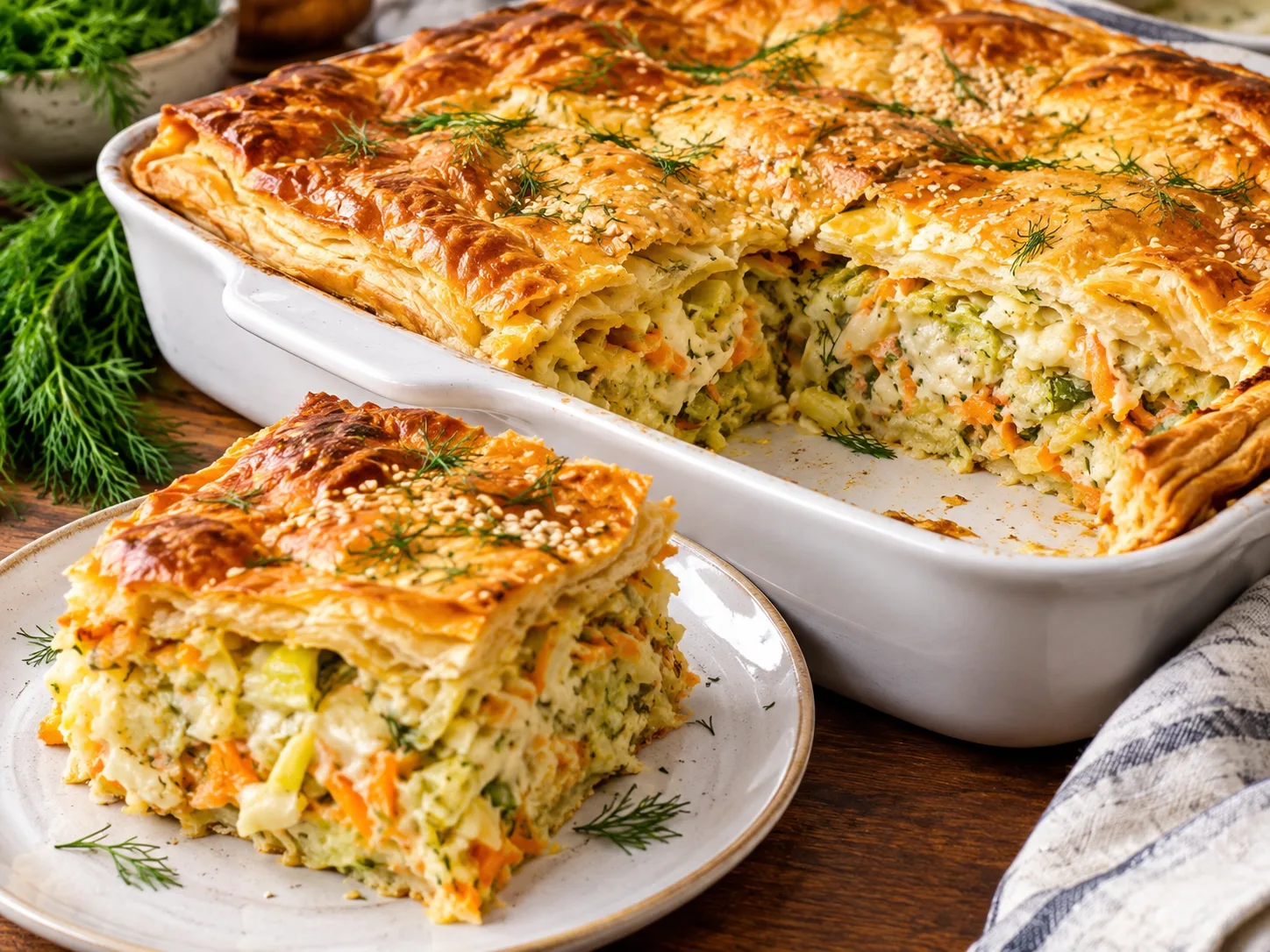 Creamy Cabbage & Veggie Puff Pastry Bake