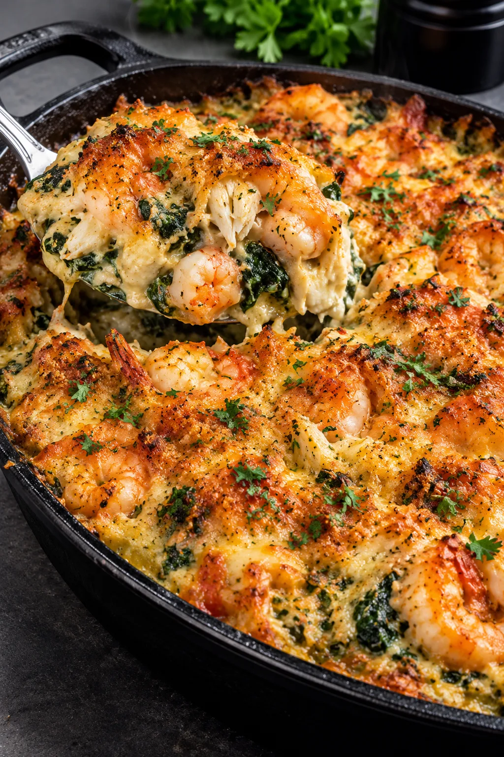 Creamy Steakhouse Shrimp & Crab Rockefeller Bake