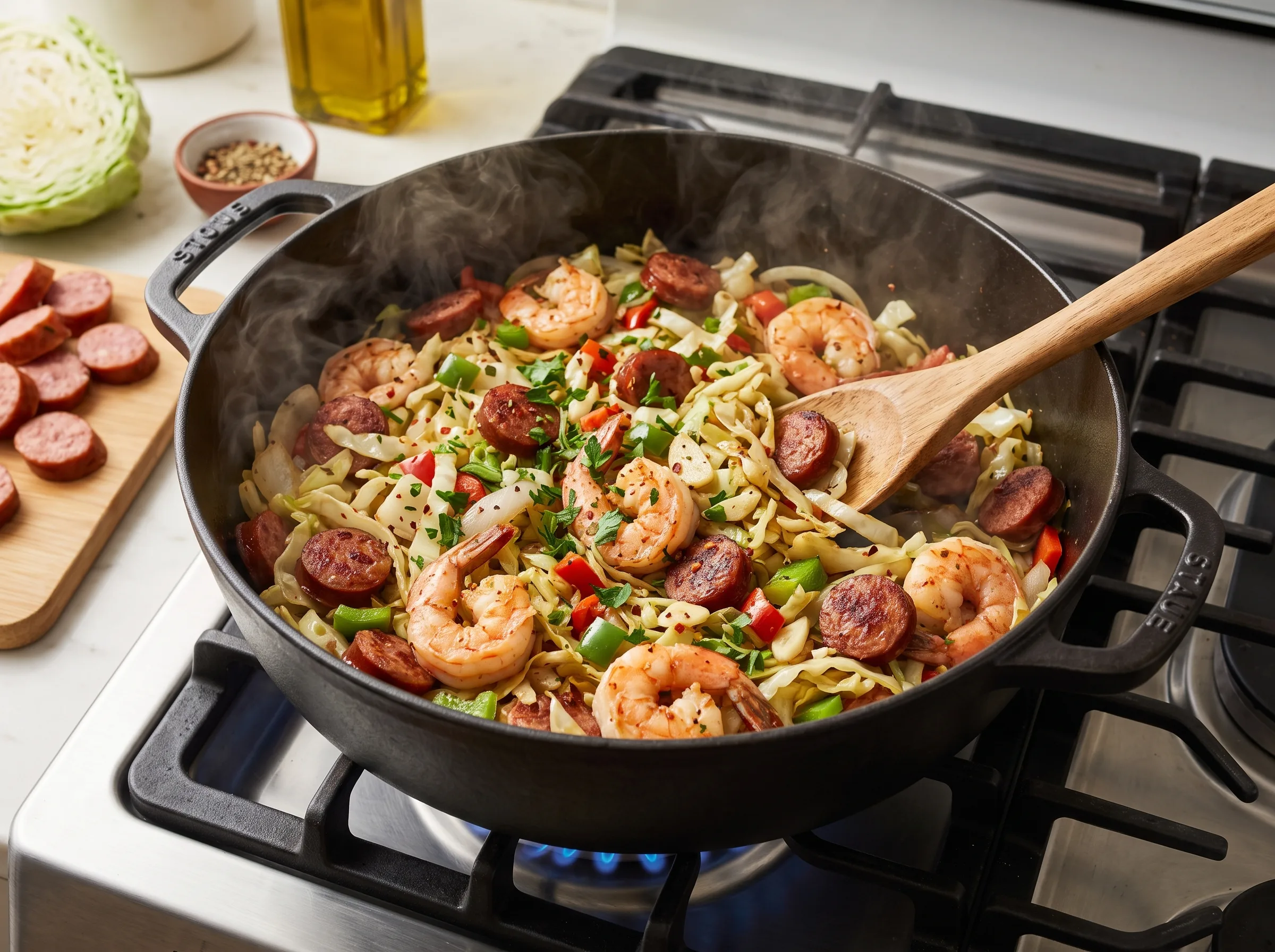 Fried Cabbage with Shrimp and Beef Sausage 2