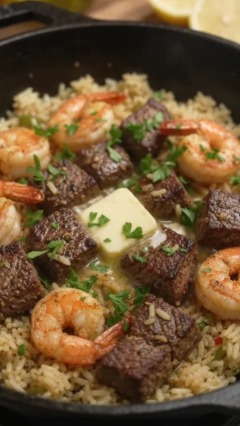 Garlic Butter Shrimp and Steak Rice Skillet