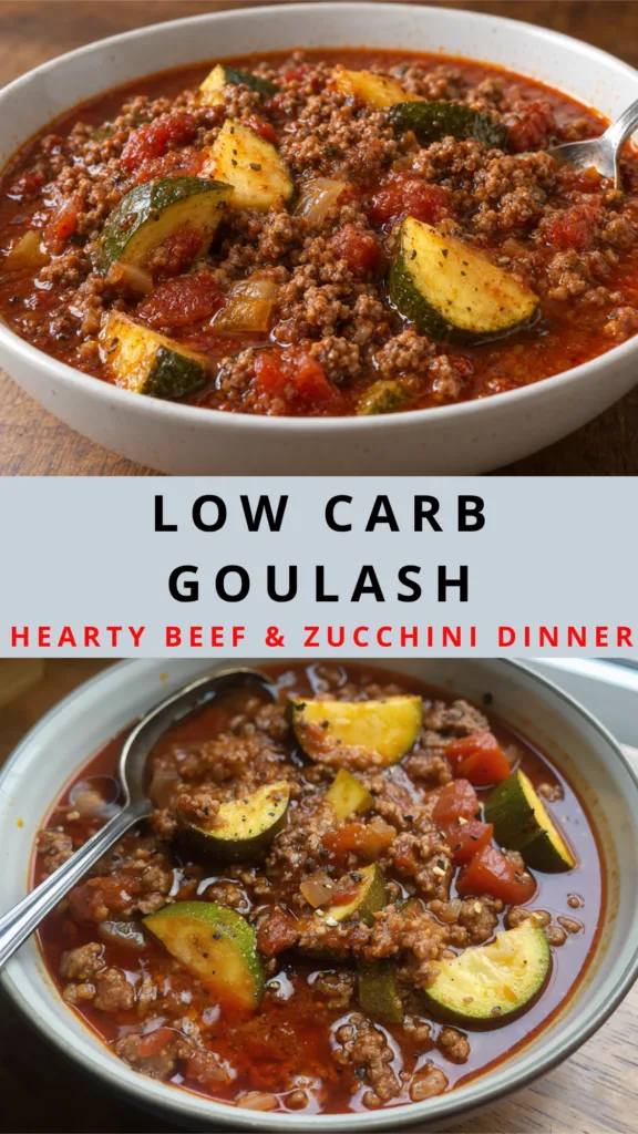 Homemade low carb goulash with ground beef, zucchini, marinara sauce, and melted cheese served hot in a rustic bowl.