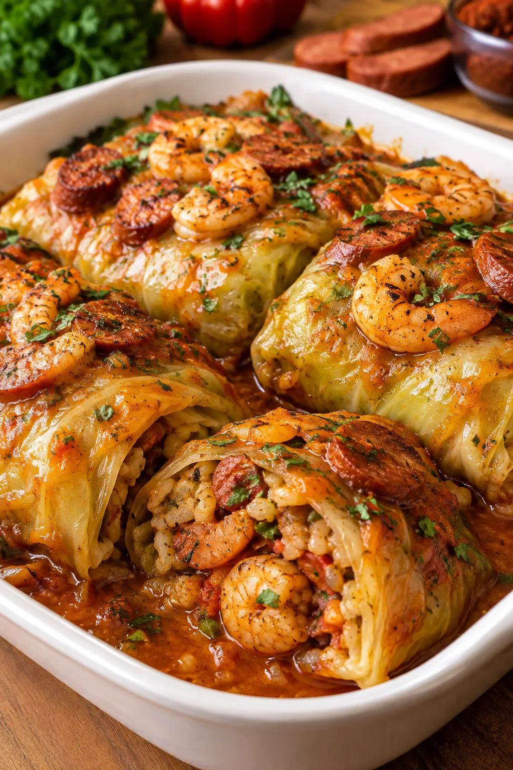 Loaded Cajun Shrimp & Sausage Cabbage Rolls