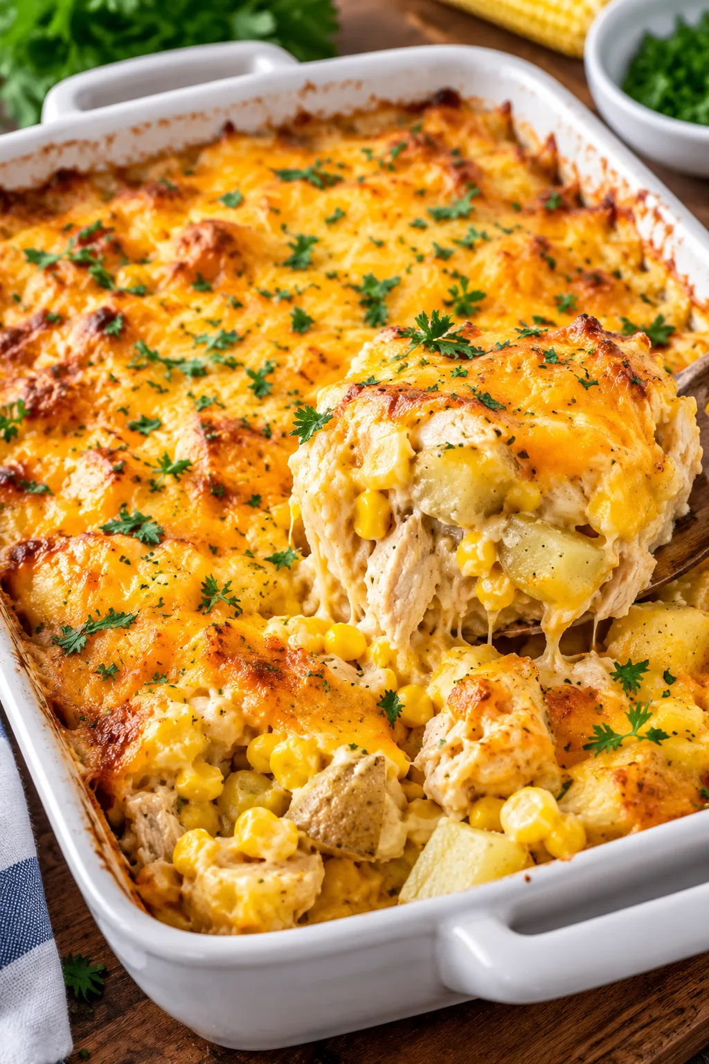 Loaded Cheesy Chicken Potato & Corn Casserole