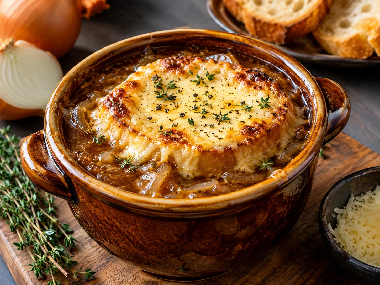 Rustic French Onion Soup with Bubbly Cheese