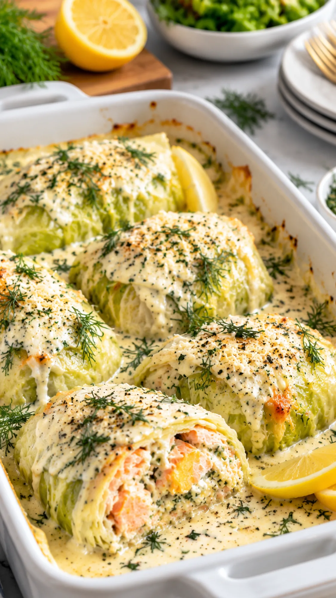 Salmon Cabbage Rolls with Cream Sauce
