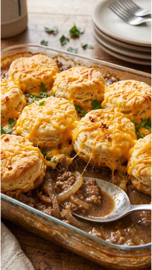 Smothered Beef & Onion Biscuit Bake