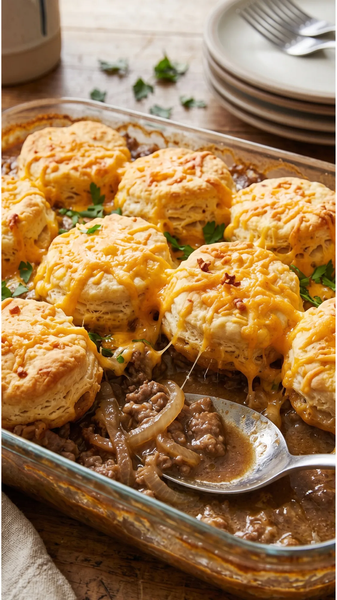 Smothered Beef & Onion Biscuit Bake