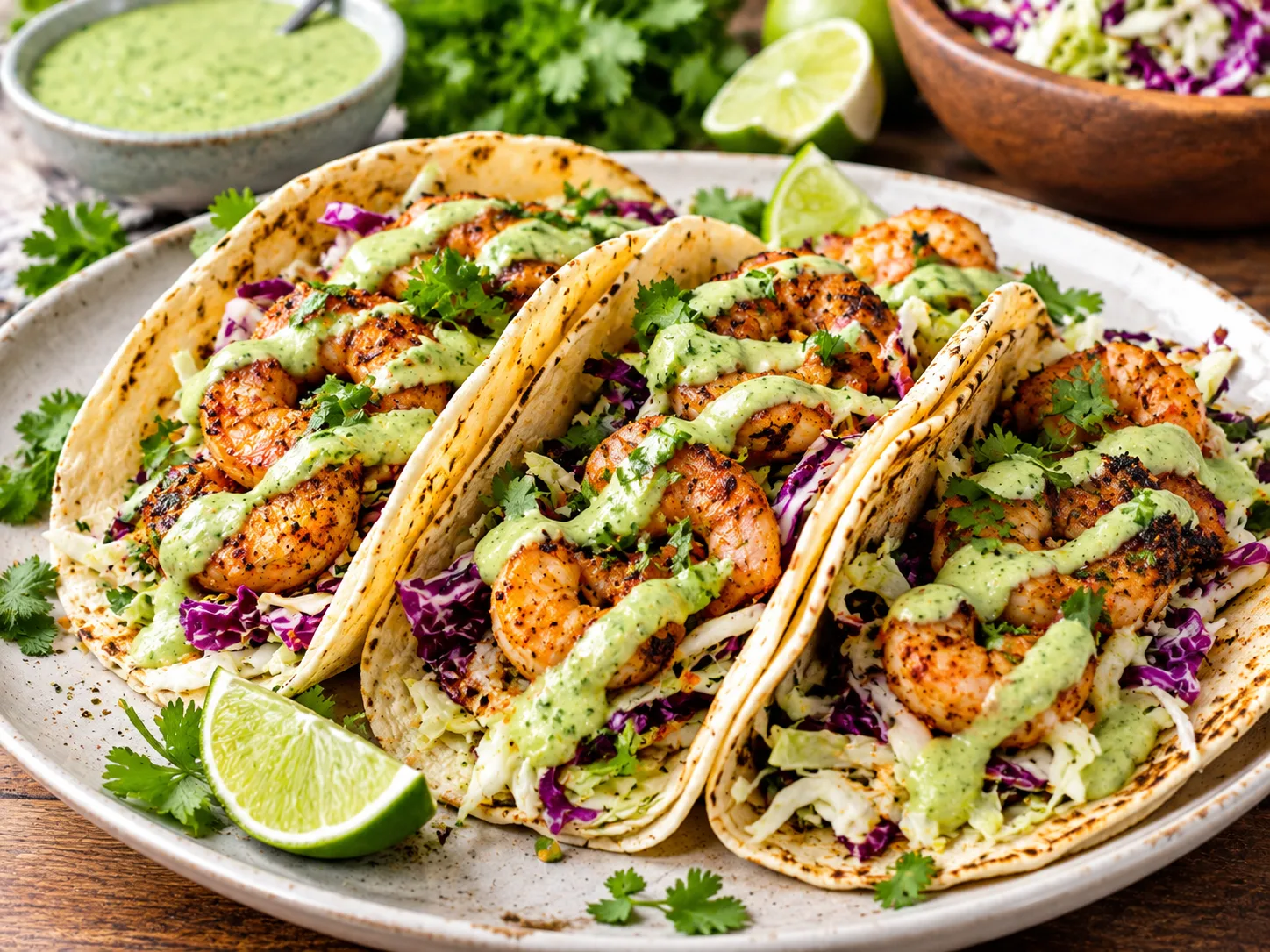 Spicy Shrimp Tacos with Avocado Crema